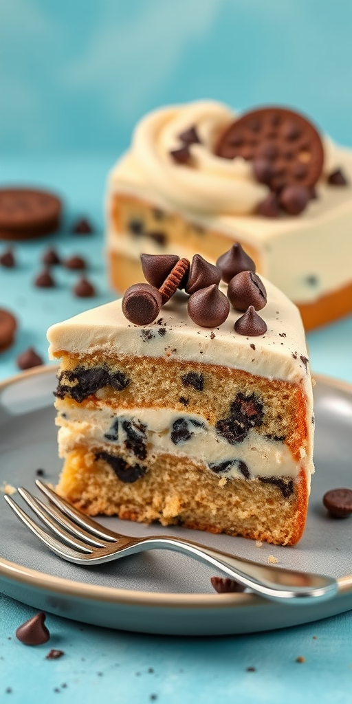 A slice of cake on a gray plate with a fork beside it the cake is layered with a creamy filling that has cookie pieces and chocolate chips on top there is a swirl of frosting and a cookie garnish in the background there are hints of chocolate crumbs and a soft blue backdrop