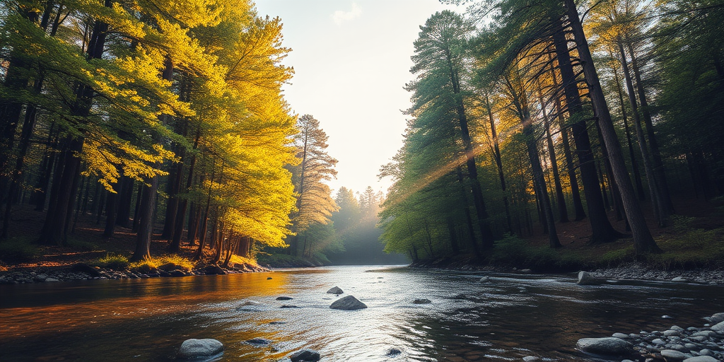 Create an image of a serene, sunlit forest scene with a clear, gently flowing river. Tall trees with lush green foliage line both sides of the river, their leaves bathed in the warm golden light of the setting or rising sun. The sunlight filters through the trees, casting soft, dappled light on the river, which flows over smooth rocks and pebbles, creating a peaceful, natural atmosphere. The sky is bright with a few scattered clouds, and the overall mood is tranquil, evoking a deep sense of connection with nature. The image captures the beauty of a calm, pristine forest landscape at either dawn or dusk.