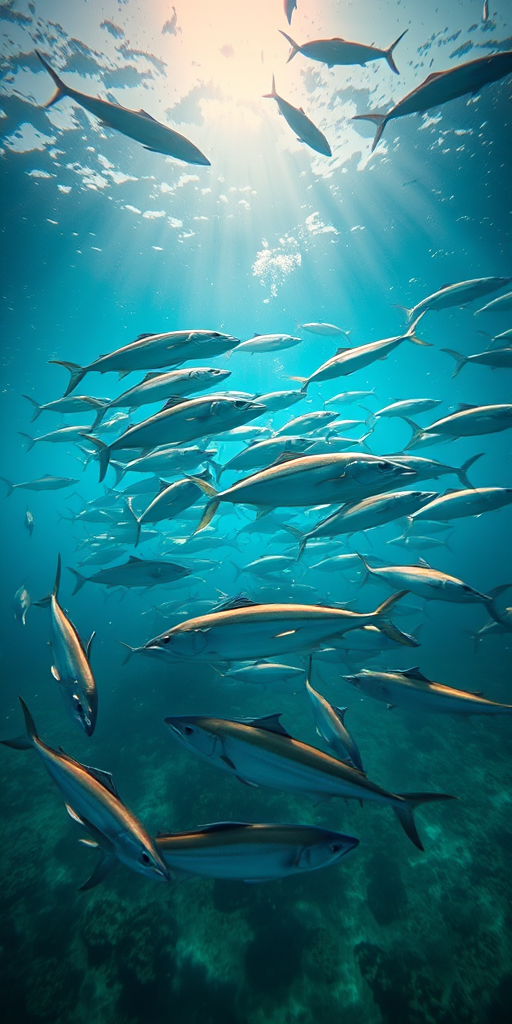 Underwater scene of a school of barracudas swimming together, sunlight filtering through the water, captured with a Canon EOS R5, 24mm f/1.4 lens, ISO 200, aperture f/5.6, shutter speed 1/200s, wide-angle view, vibrant colors and high detail.
