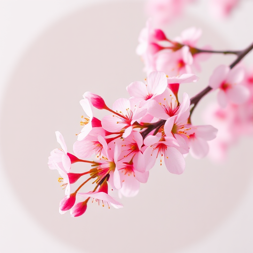 A close-up shot of a blooming cherry blossom tree branch with soft pink flowers against a muted circular background, taken with a DSLR camera at f/2.8 aperture, ISO 100, 50mm lens, using natural light for enhanced detail and vibrant colors.