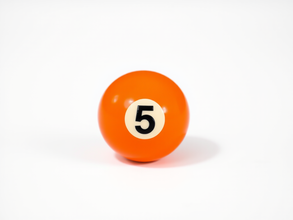 Create an image of an orange billiard ball with the number 5 on a clean white background, using a DSLR camera with an aperture of f/2.8, ISO 100, a focal length of 50mm, and a shallow depth of field to enhance the focus on the ball.