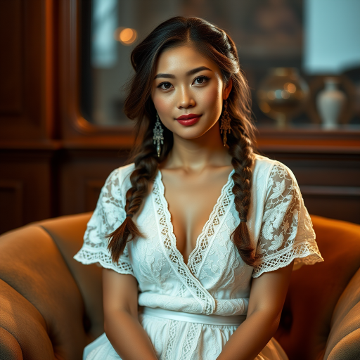 Create a portrait of a refined and elegant Tibetan woman seated in a sophisticated setting. She has long, wavy hair styled in two thick braids that are pulled over her shoulders. She wears a white, lace gown with intricate patterns, featuring a deep V-neckline and short sleeves. The dress exudes a vintage charm with its delicate lacework. She is adorned with ornate, dangling earrings that add a touch of glamour to her appearance. The background is softly lit, with warm, ambient lighting that creates a cozy and inviting atmosphere. Her expression is poised and serene, capturing a sense of grace and elegance.