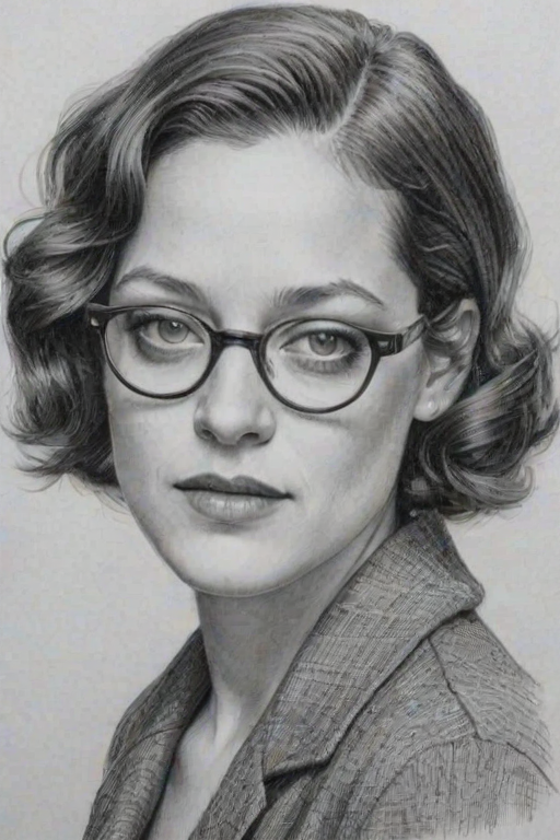 Charming Marion Cotillard, pencil sketch, portrait of Resplendent woman 1930s in glasses, hair style beatnik, outline, clear lines, fine lines, 8k