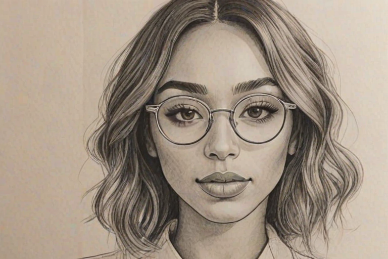 Dazzling Eva Gutowski, pencil sketch, portrait of Resplendent woman 1922s in glasses, hair style beatnik, outline, clear lines, fine lines, 8k
