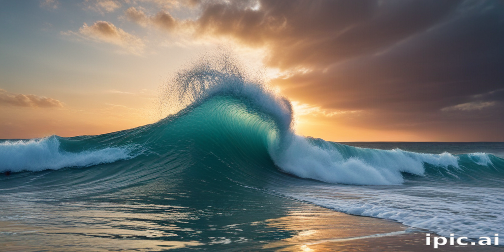 Majestic Ocean Wave Crashing Under a Stunning Sunset Sky Above