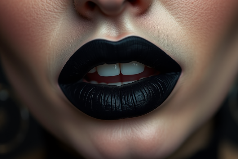 Intense "Ink Noir" liquid matte lipstick in deepest black, ultra-pigmented and smudge-proof formula, creating dramatic and gothic-inspired looks
