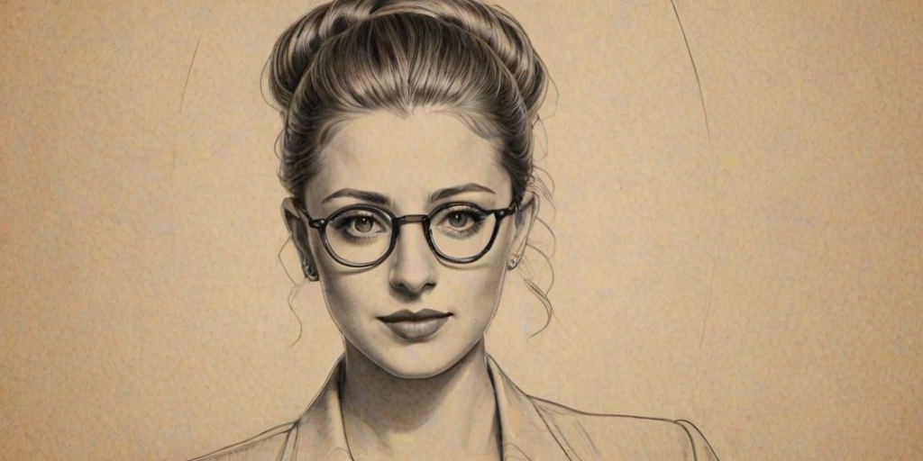 Fetching Lo Bosworth, pencil sketch, portrait of Ravishing woman 1929s in glasses, hair style beatnik, outline, clear lines, fine lines, 8k