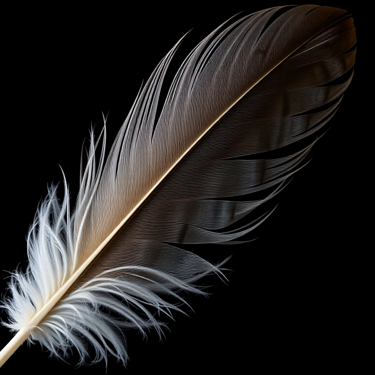 photograph a large, detailed feather on a black background, using a macro lens, f/2.8 aperture, 1/125 sec exposure, ISO 100, top-down view, high dynamic range for enhanced texture and contrast
