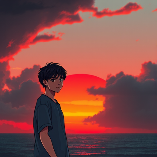 Create an illustration of a young male character with tousled hair standing confidently against a large, dramatic sunset with vibrant red and orange hues, surrounded by moody clouds above a seascape, captured using a Canon EOS R5, 50mm lens, f/1.8 aperture, ISO 100, in a high dynamic range style for enhanced detail and color saturation.
