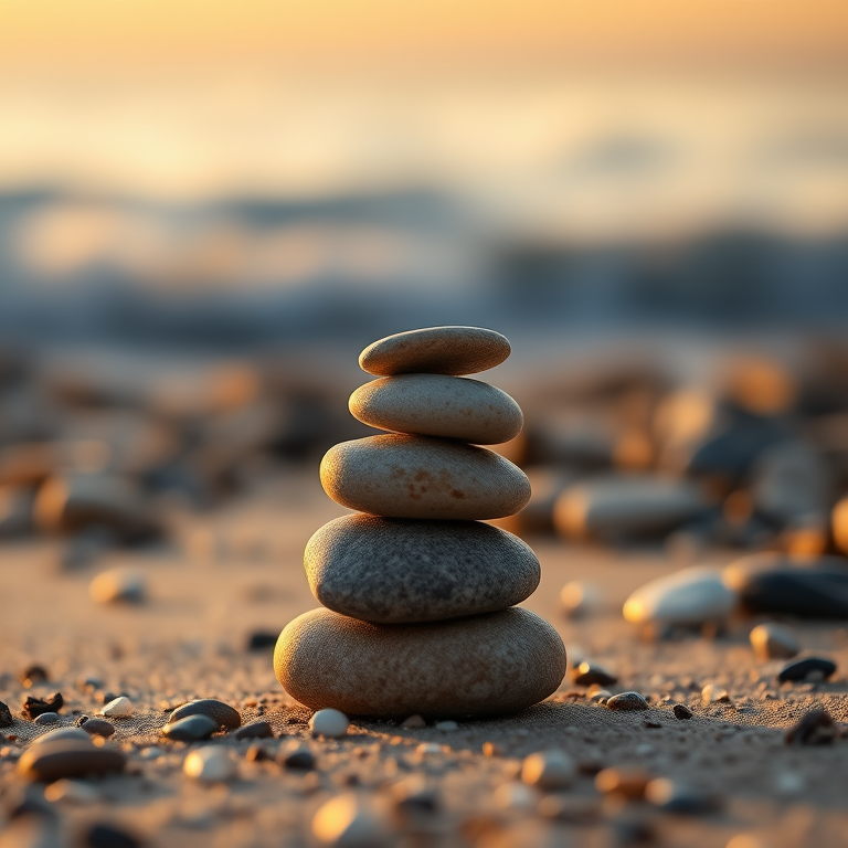 Create an image of a balanced stack of smooth pebbles on a beach with gentle waves in the background during sunset, shot with a DSLR camera using a 50mm lens, aperture f/2.8, ISO 100, and a shallow depth of field for enhanced clarity and soft bokeh.