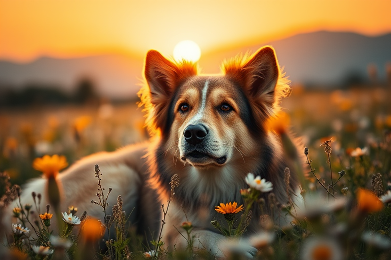 A majestic dog lying in a field of blooming wildflowers under a soft golden sunset, focused on the dog's expressive face, with a blurred background of mountains, captured with a Canon EOS R5, using a 50mm f/1.2 lens, aperture set to f/2.8 for shallow depth of field, ISO 100, and a warm color palette.