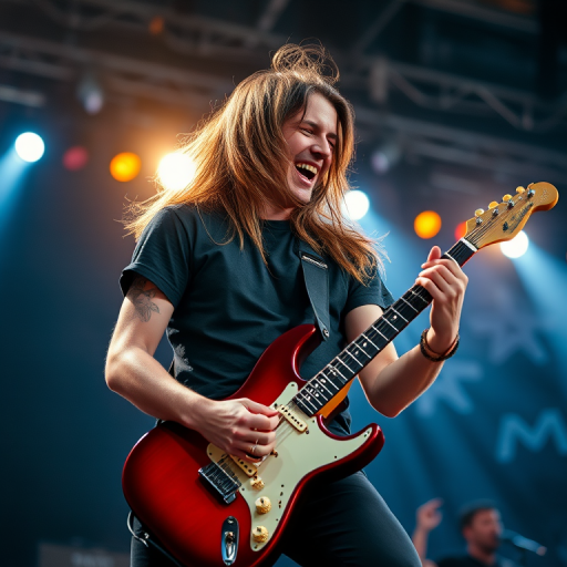 Create an image of a young male rock guitarist passionately performing on stage with long hair and an electric guitar, captured in a close-up view with a shallow depth of field, using a Canon EOS R5 with a 50mm f/1.2 lens at ISO 100, shutter speed 1/200s, and an aperture of f/2.8 to enhance lighting and detail in a concert setting.