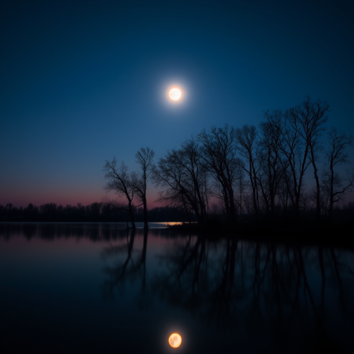 night landscape with full moon reflecting in calm water, trees silhouetted against the twilight sky, 50mm lens, f/8 aperture, ISO 100, long exposure, tripod-mounted DSLR camera