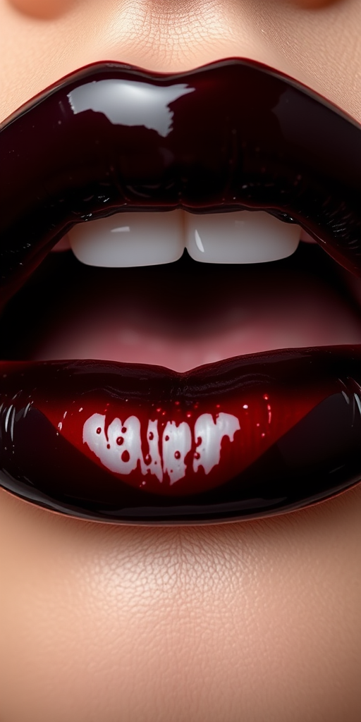 Striking black cherry lips boast a glossy vinyl finish, exuding mystery and allure with their deep, rich color and reflective surface