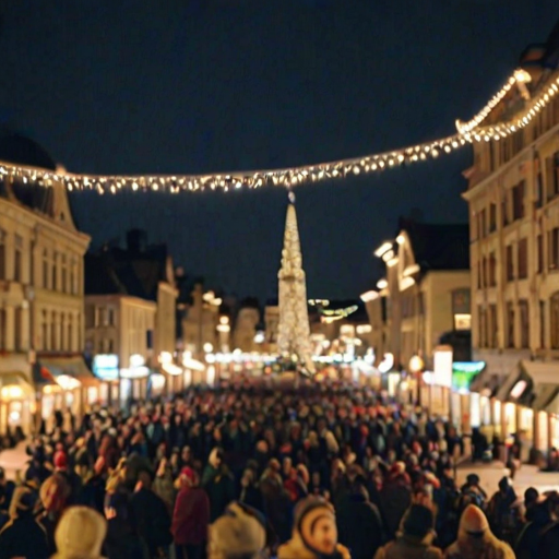 Soft-focus image of a bustling city square during the holiday season, with twinkling lights strung across buildings, softly blurred crowds enjoying the festivities.