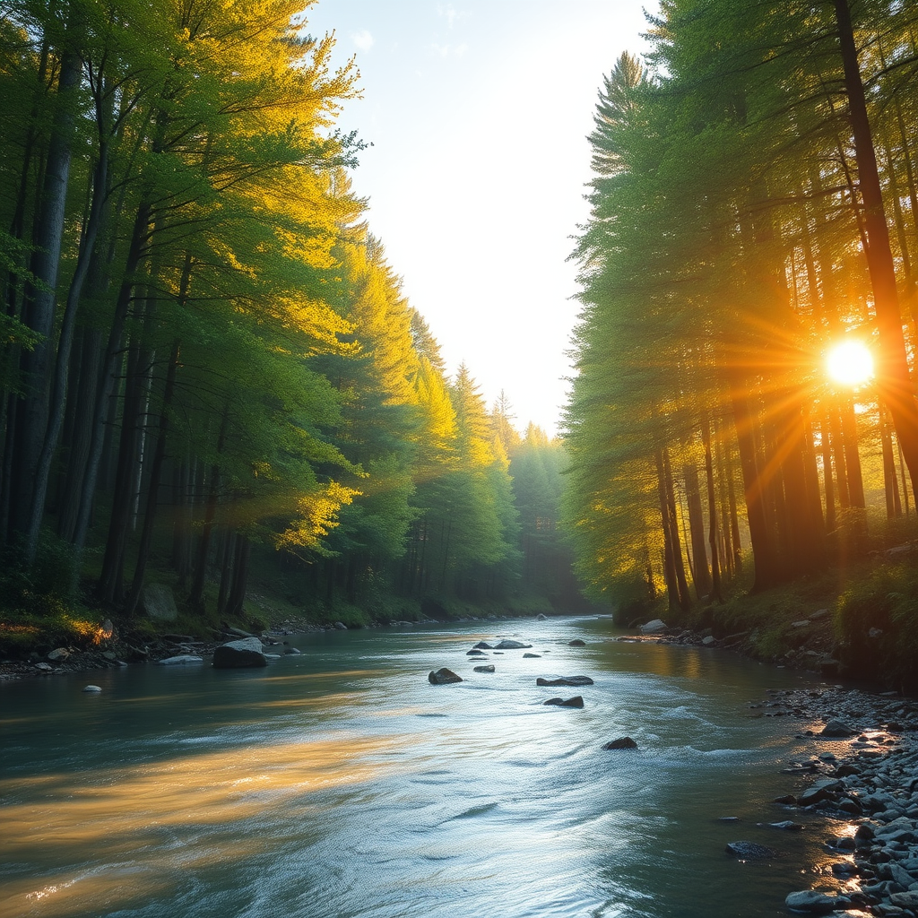 Create an image of a serene, sunlit forest scene with a clear, gently flowing river. Tall trees with lush green foliage line both sides of the river, their leaves bathed in the warm golden light of the setting or rising sun. The sunlight filters through the trees, casting soft, dappled light on the river, which flows over smooth rocks and pebbles, creating a peaceful, natural atmosphere. The sky is bright with a few scattered clouds, and the overall mood is tranquil, evoking a deep sense of connection with nature. The image captures the beauty of a calm, pristine forest landscape at either dawn or dusk.