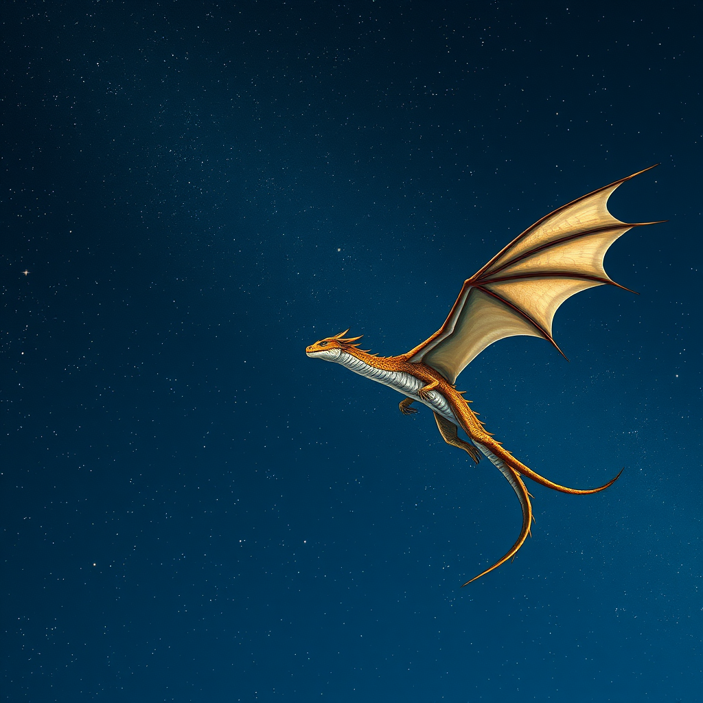 Generate an artistic illustration of a dragon soaring through a starry night sky, captured with a Nikon D850, 50mm lens, f/1.8 aperture, ISO 400, 1/125s shutter speed, in a dynamic low-angle perspective for enhanced clarity and detail.