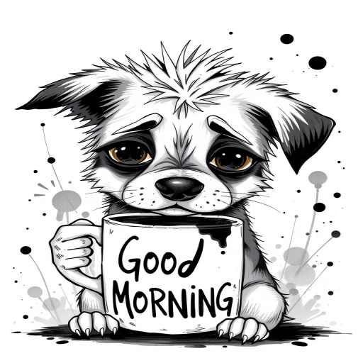 A quirky, artistic illustration of a disheveled puggat dog breed with exaggerated, large eyes and spiky fur, holding a coffee mug that reads "Good Morning". The dog has a tired but humorous expression, with ink splatters and abstract details surrounding it, giving a whimsical feel to the image. The color palette is mostly monochrome with hints of black in the eyes and steam rising from the mug, enhancing the overall sleepy vibe