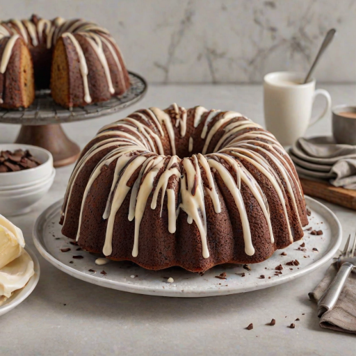 Create an image of a freshly baked bundt cake with a marbled pattern of chocolate and vanilla. The cake should be dusted with powdered sugar and displayed on a cooling rack. The background should be a neutral kitchen surface to highlight the cake's details.