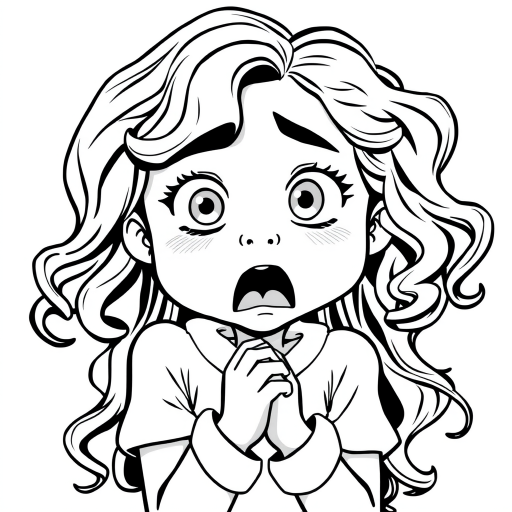 The image is a black and white illustration of a young girl with curly hair. She has a surprised expression on her face with her mouth open and her hands clasped together in front of her chest. Her eyes are wide and her eyebrows are furrowed. Her hair is styled in loose curls that are cascading down her back. The overall mood of the image is one of shock or surprise.