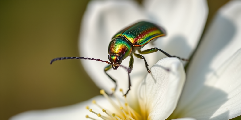 Close-up macro shot of a metallic beetle on a blooming white flower, captured with a Canon EOS 5D Mark IV, 100mm f/2.8L macro lens, aperture f/2.8, shutter speed 1/250s, ISO 100, natural light, focus on the beetle with a blurred background for enhanced depth of field.