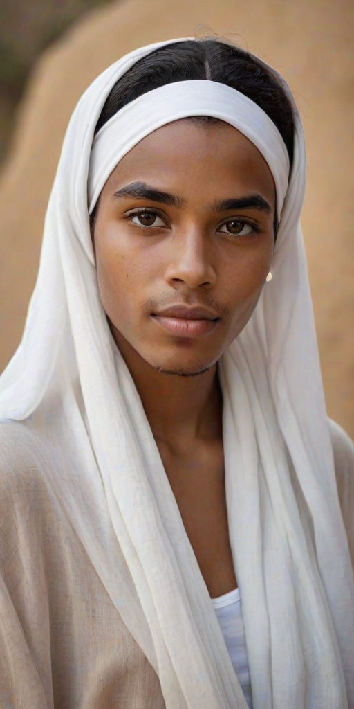 Create a portrait of a young Cape Verdean male with long, dark hair and captivating hazel eyes. She is wearing a white headscarf and a matching scarf draped gracefully around her neck. The background is softly blurred, focusing attention on her serene and natural expression. The overall color palette is muted and warm, enhancing the intimate and authentic feel of the portrait.
