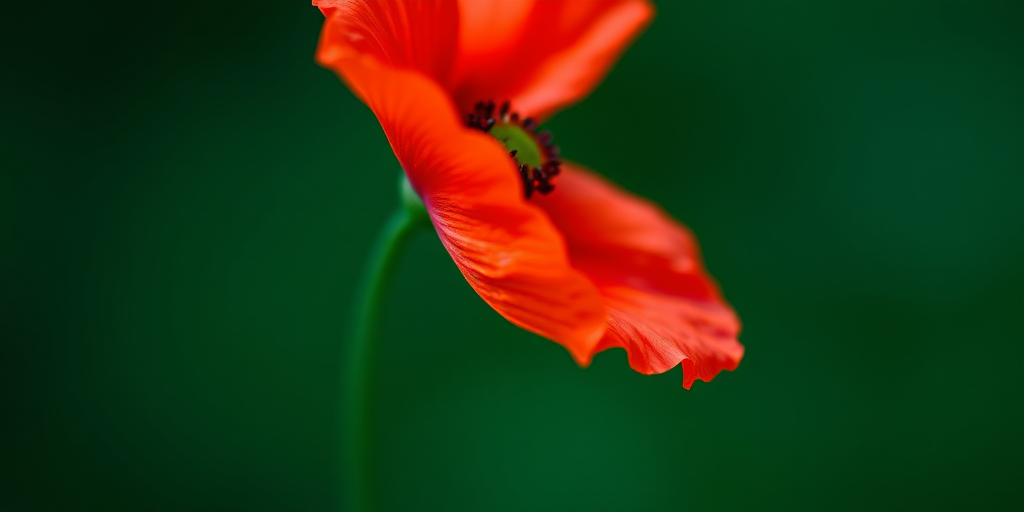 macro photography of a vivid red poppy flower against a dark green background, f/2.8 aperture, ISO 100, 1/200 sec shutter speed, using a 100mm macro lens, natural light, shallow depth of field, close-up view