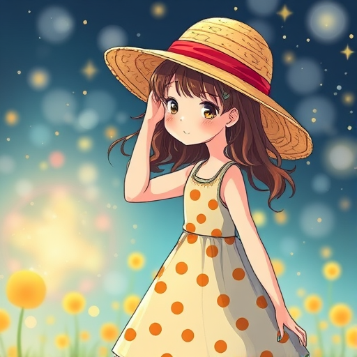 A whimsical illustration of a girl in a polka dot dress and straw hat with magical sparkles in the background, shot with a DSLR camera at f/2.8, ISO 100, 50mm lens, high contrast, and vibrant colors for enhanced visual appeal.