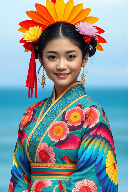 A beautiful Ryukyuan girl, wearing colorful bird clothing with vibrant colors