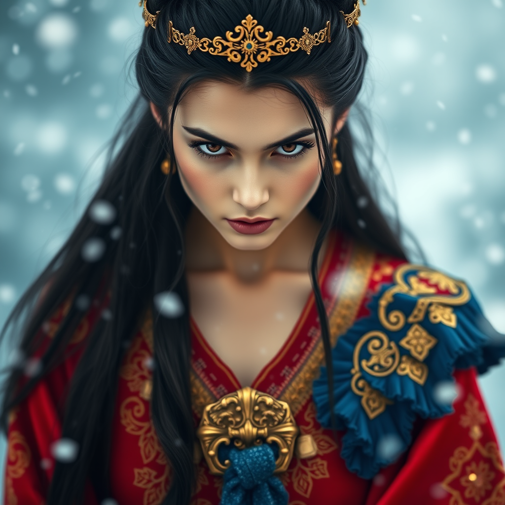 A young woman with long black hair styled in a high bun, adorned with a gold crown and intricate hair ornaments, stares intently at the viewer. She wears a vibrant red and gold embroidered robe with blue accents, a gold belt with a large ornate buckle, and a blue and gold shoulder piece. The woman is positioned in the center of the frame, with the background blurred and filled with falling snow. The image has a soft, ethereal feel with a focus on the woman's face and attire, creating a portrait-like composition. The colors are rich and saturated, with the red, gold, and blue of the clothing standing out against the muted blue and white of the snowy backdrop. The lighting is soft and diffused, casting a warm glow on the woman's face.  The overall mood is elegant and mysterious.  The details of the woman's attire, especially the intricate embroidery and embellishments, add a sense of opulence and grandeur.  The falling snow further enhances the sense of winter magic and wonder.