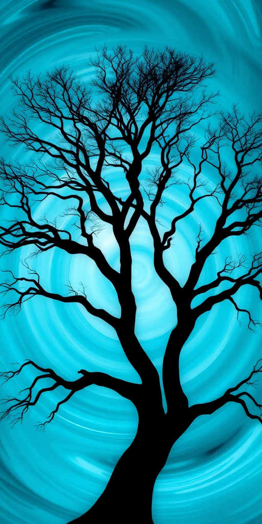 Create an ethereal, abstract image featuring two silhouetted trees with intricate branches facing each other against a swirling blue and turquoise background, captured with a DSLR camera at f/8 aperture, 50mm lens, ISO 200, in landscape orientation, to enhance depth and clarity.
