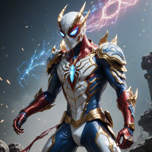 A high-budget, anime-style wallpaper featuring Spiderman in an epic White, blue red Kirin armor. Golden dragon gloves, the gloves is in the shape of dragon heads, Golden dragon head gloves, White glossy eyes, The armor is designed with metallic details that reflect light, showcasing intricate Kirin motifs. Spiderman's armor is a striking gradient of blue, red and white, with Colorful galaxy inner sections, making it look both powerful and sleek. The background is flat white, with Kirin-shaped blue-violet glowing rune relic to give the impression power, striking pose, the Kirin's armor is dominantly in white, with some details in blue and red, Cinematic anime action scene, cinematic action pose, medium shot action portrait, dramatic effect of shadow and light.
