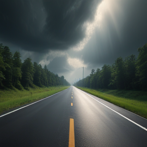 An Open Road Under Dramatic Skies with Light Breaking Through Clouds