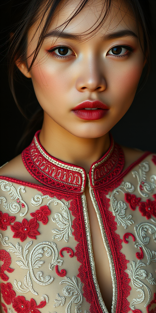 Face, shoulders, chest covered in openwork Vietnamese embroidery. Raw, unedited image.