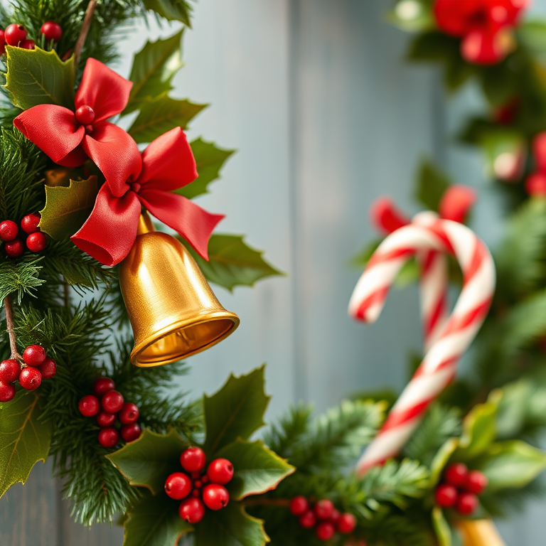 Create a vibrant holiday wreath design featuring golden bells, holly, and candy canes, captured with a Canon EOS R5 at f/2.8, ISO 100, 50mm lens, in bright natural light, ensuring a sharp focus and high contrast for enhanced image quality.