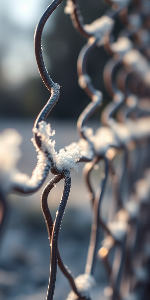 frosted chain link fence close-up, shallow depth of field, soft natural light, ISO 100, aperture f/2.8, shutter speed 1/200s, 50mm lens, DSLR camera, high-resolution image
