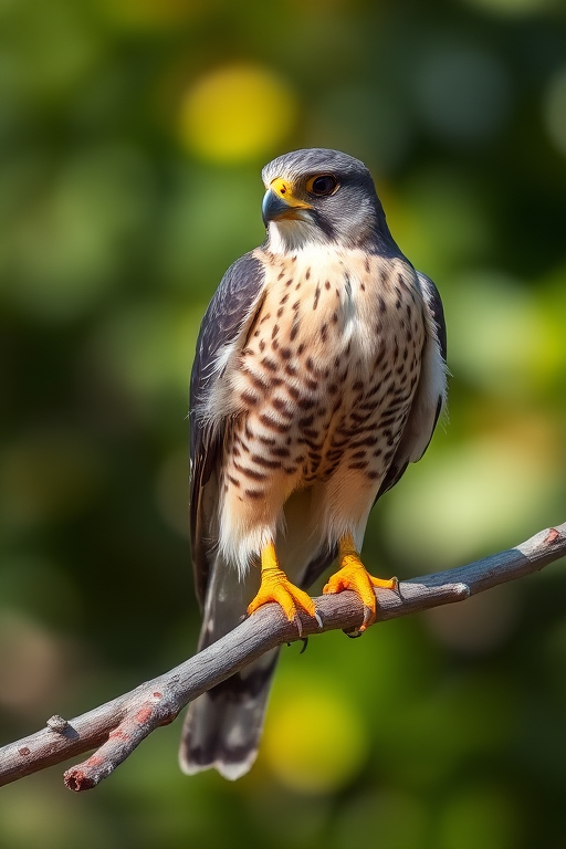 Peregrine falcon perched on a branch with a blurred natural background, shallow depth of field, 85mm lens, f/2.8, ISO 200, 1/500s, natural light, DSLR camera, portrait orientation.
