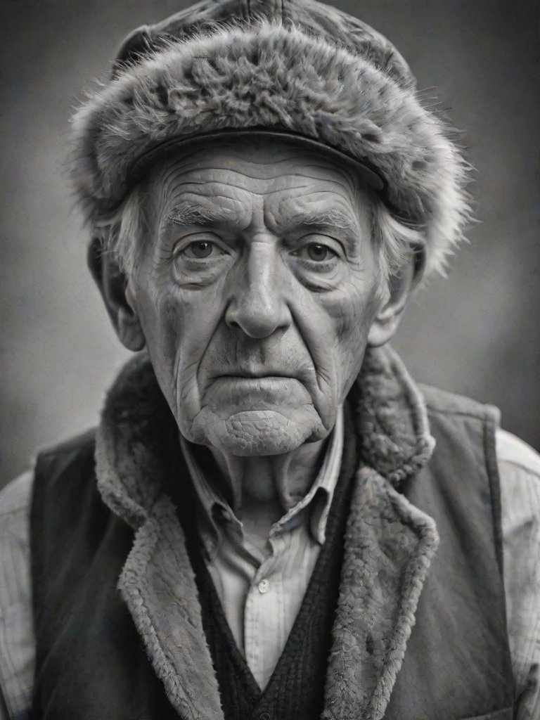 create a black and white portrait of an elderly man wearing a fur hat and a vest, with a serious expression, capturing the details of his wrinkled face and the texture of the fabric in a soft-focused background