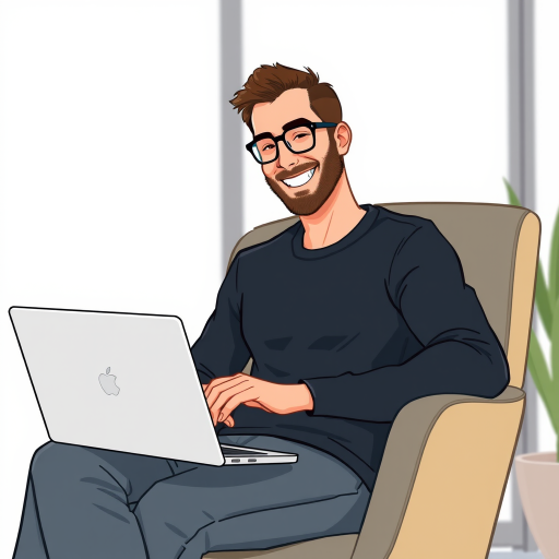 Create a digital illustration of a smiling man working on a laptop while sitting in a chair, using a 50mm lens with f/2.8 aperture, soft focus background, high-resolution digital art style.