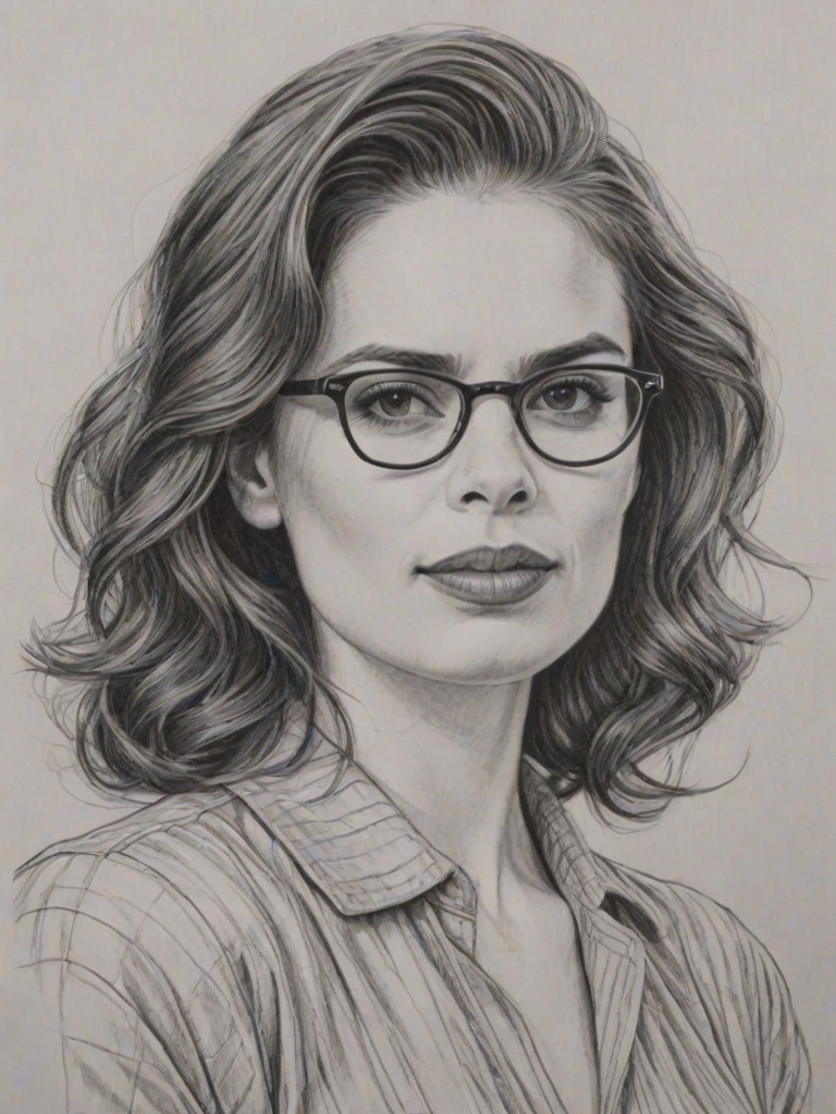 Alluring Hayley Atwell, pencil sketch, portrait of Enchanting woman 1924s in glasses, hair style beatnik, outline, clear lines, fine lines, 8k