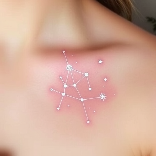 Ethereal white ink constellation tattoo titled "Celestial Whisper" depicting a delicate arrangement of stars and celestial bodies connected by fine, barely visible lines that seem to float just beneath the surface of the skin, creating a subtle and dreamlike effect that appears to glow softly in certain lights, perfect for those seeking a discreet yet enchanting tattoo design