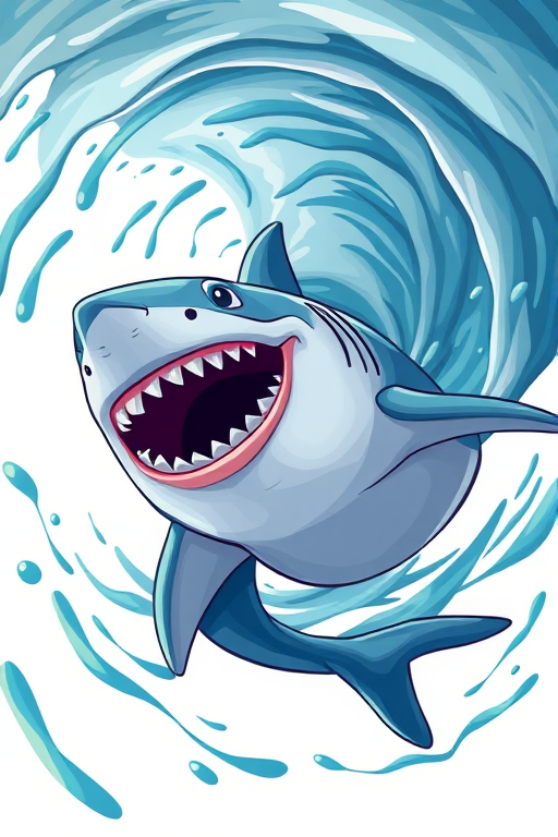 Generate an image of a cartoonish shark swirling in a tornado, using a high-resolution digital camera with a 50mm lens, aperture set to f/2.8, ISO 100, and a shallow depth of field, capturing a dynamic and colorful style against a transparent background.