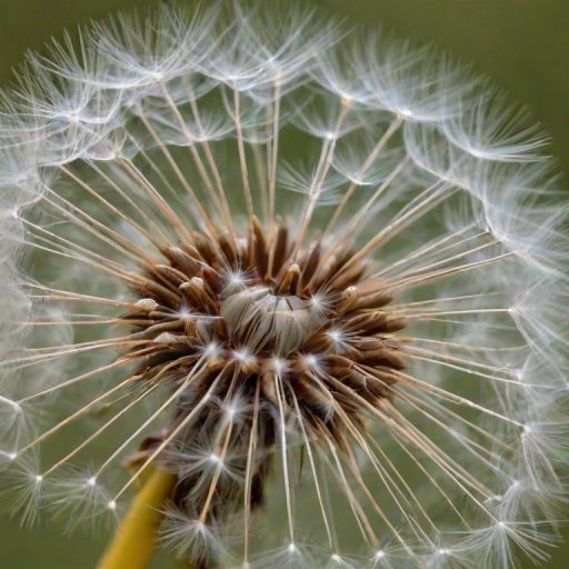 close-up of a dandelion seed head with intricate white filaments radiating from a central point, soft focus background