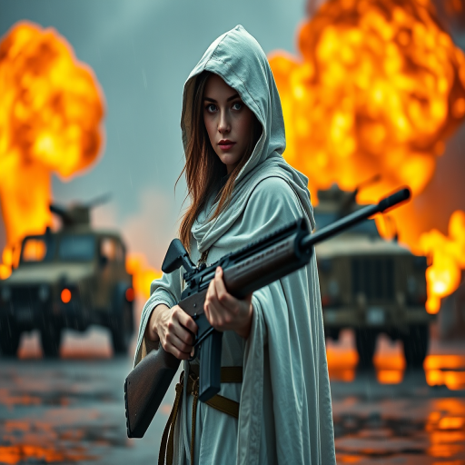 Generate an image of a young woman standing in the rain, wearing a white hooded cloak and holding a rifle, with a fiery explosion and military vehicles in the background, captured in a cinematic style using a full-frame DSLR camera at f/2.8, ISO 400, 1/60s, wide-angle lens, dramatic lighting, and high saturation for enhanced visual impact.