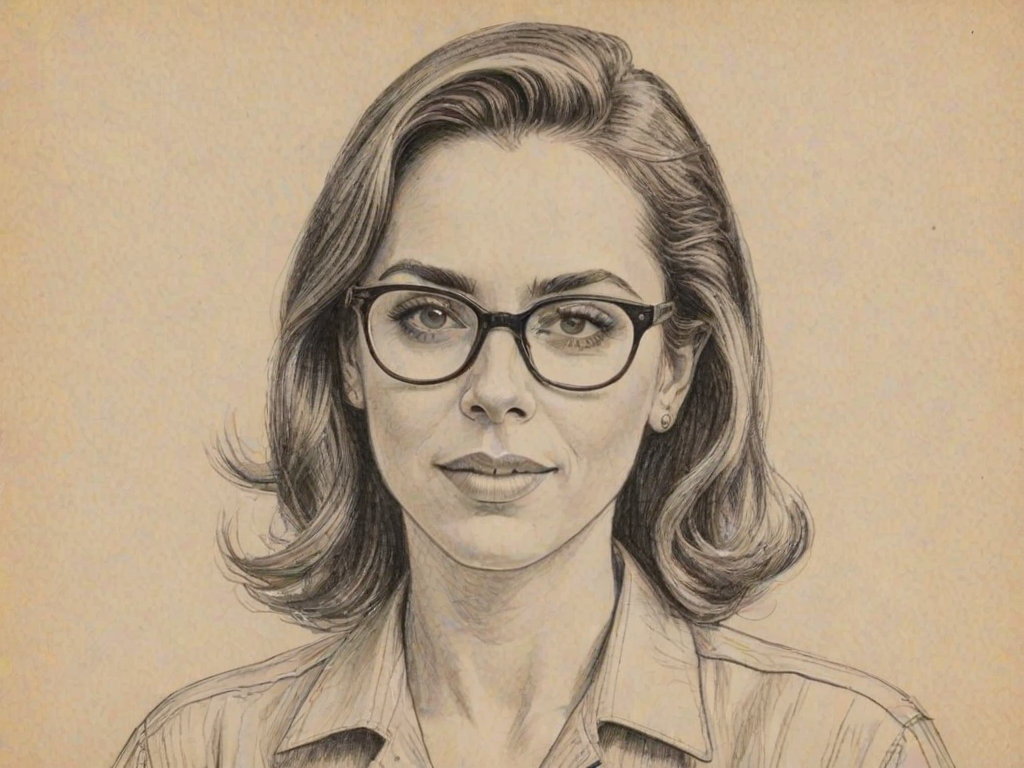 Resplendent Mel C, pencil sketch, portrait of Comely woman 1951s in glasses, hair style beatnik, outline, clear lines, fine lines, 8k