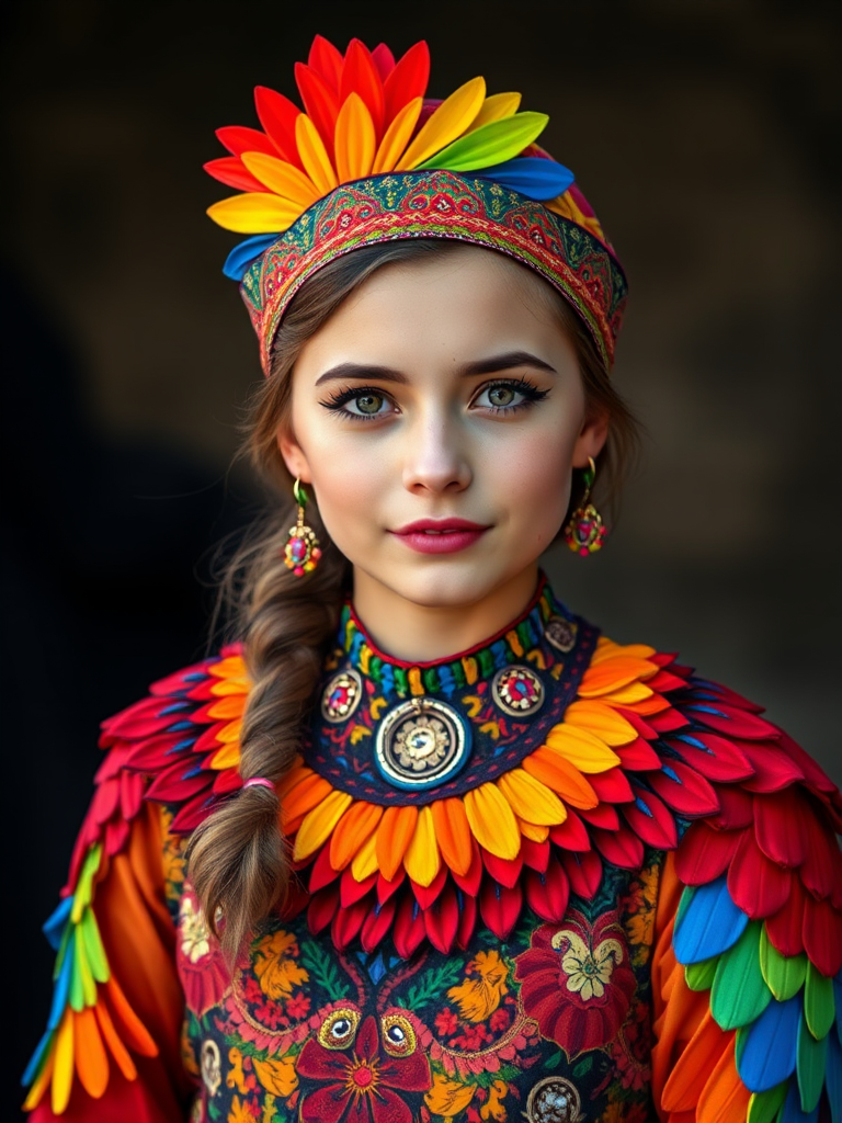 A beautiful Turkish girl, wearing colorful bird clothing with vibrant colors