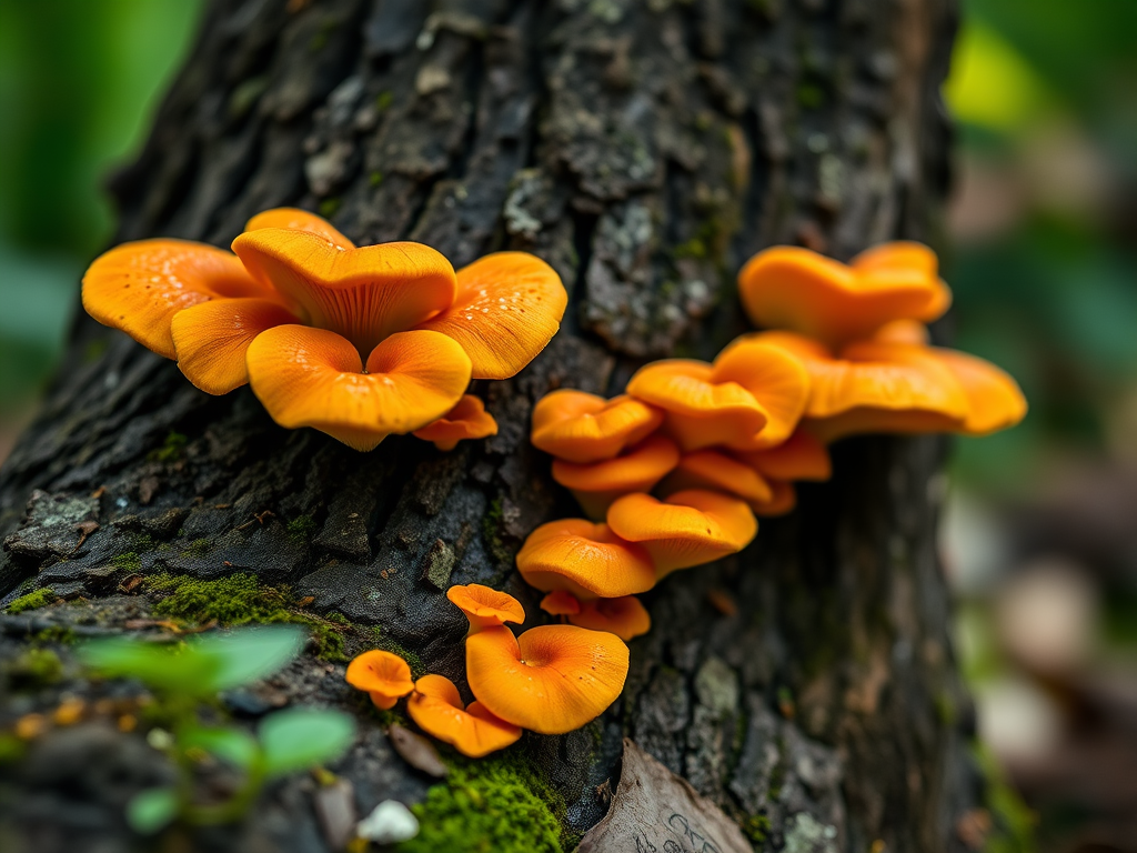 Capture a vibrant shot of large orange fungi growing on a tree trunk, use a macro lens with an aperture of f/4 to create a shallow depth of field, set ISO to 200 for clarity, utilize a tripod for stability, and employ natural lighting to enhance texture and colors.