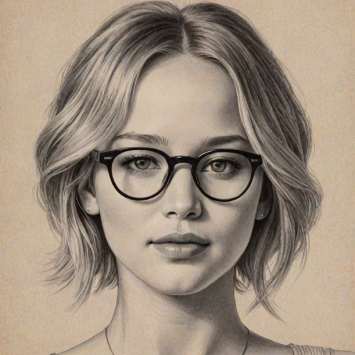 Sublime Jennifer Lawrence, pencil sketch, portrait of Fetching woman 1922s in glasses, hair style beatnik, outline, clear lines, fine lines, 8k