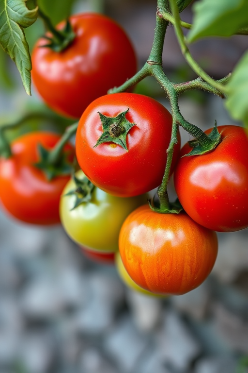 Capture a close-up image of a vine with six ripe red tomatoes and two unripe green tomatoes, using a DSLR camera at f/4 aperture, ISO 100, 1/200 sec shutter speed, with a macro lens for sharp details and a blurred background, in natural light.