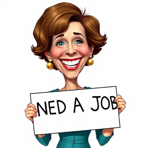 caricature of a smiling Annette Bening in a Teal dress or suit, holding up a sign that says "NEED A JOB", no watermark,